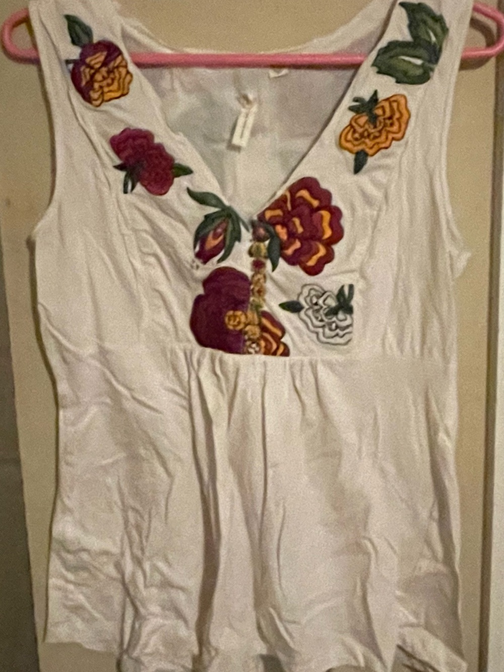 White Embroidered V-Neck Tank Top with Floral Accents